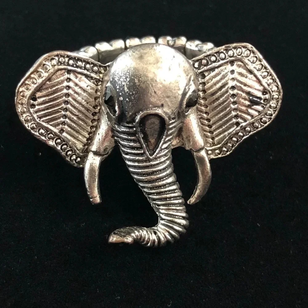 Silver Tone Boho Elephant Stretch Ring Trunk Up‎